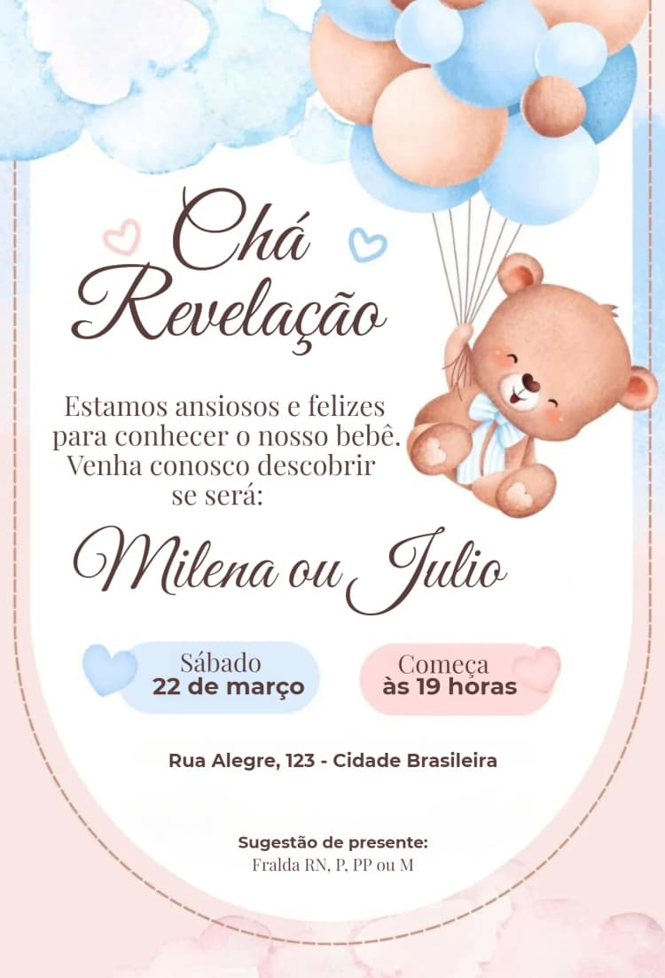 Convite Balões e urso – tema Chá Revelação colorido, infantil, lúdico, fofo, alegre, moderno