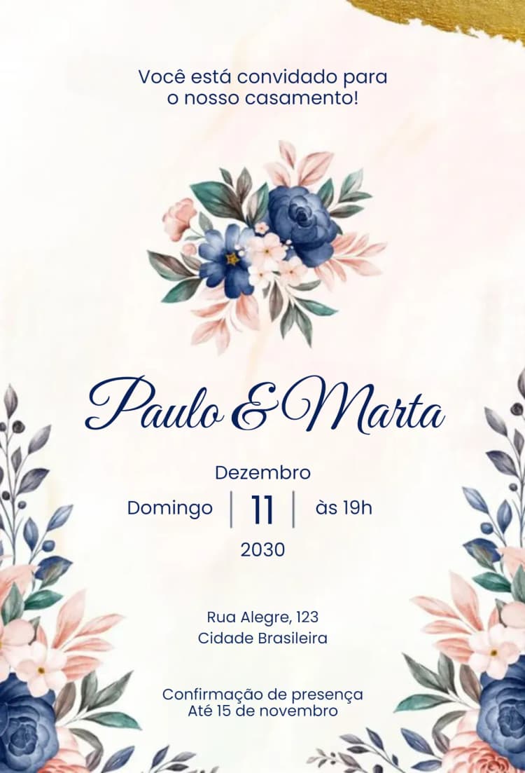 Convite Floral Clássico – tema Casamento floral, elegante, romântico, azul escuro, delicado, natureza