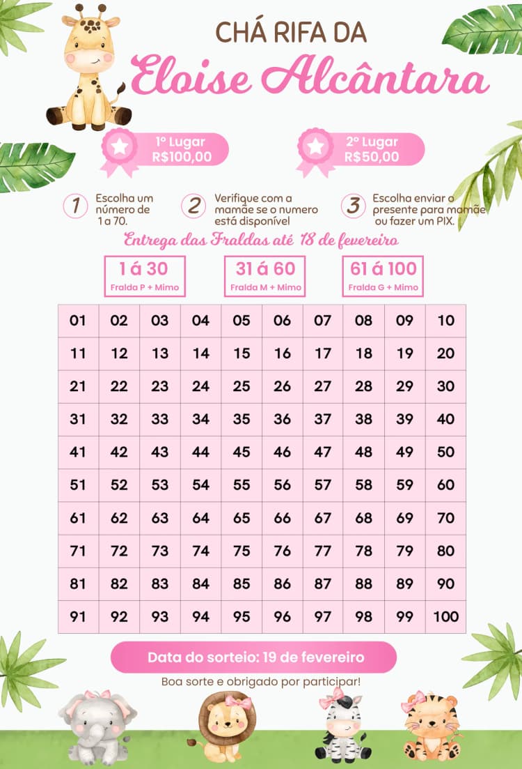 Convite Girafa Safari Rosa – tema Chá Rifa safari, animais, natureza, rosa, infantil