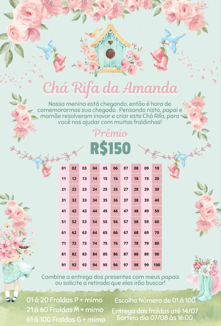 Convite Jardim Encantado Botas e Flores – tema Chá Rifa floral, encantado, colorido, divertido, natureza, infantil