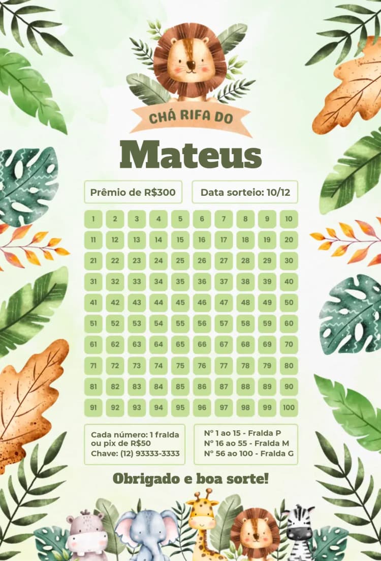 Convite Leão Safari – tema Chá Rifa safari, animais, cores vibrantes, ilustrações fofas, natureza, divertido
