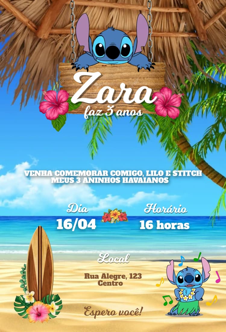 Convite Lilo e Stitch Havaiano – tema Aniversário Infantil tropical, colorido, divertido, praia, infantil, havaiano
