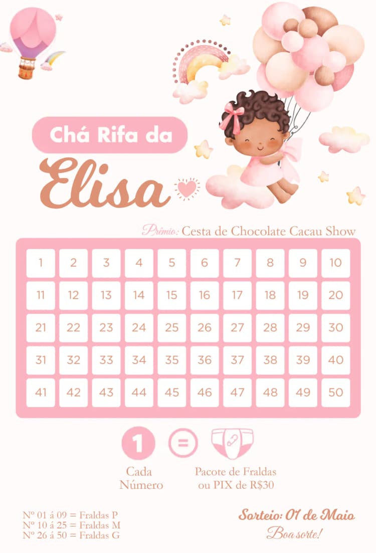Convite Menina e Balões – tema Chá Rifa colorido, lúdico, animais, natureza, balões, suave