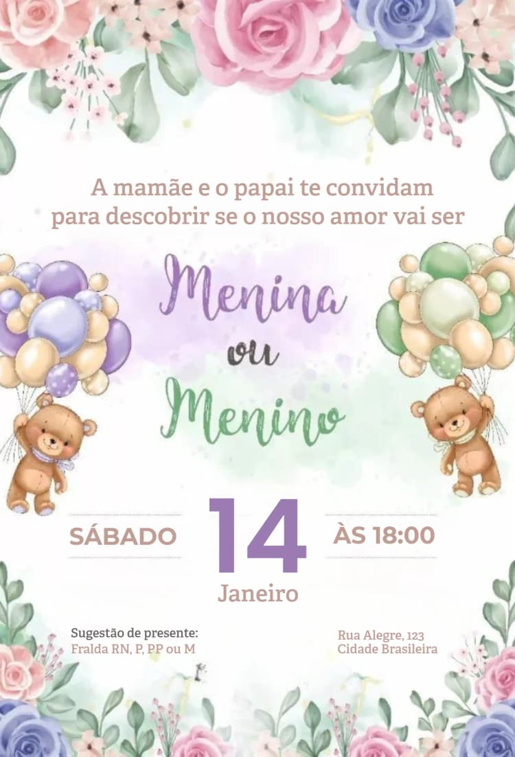 Convite Menino ou menina – tema Chá Revelação colorido, moderno, lúdico, divertido, minimalista
