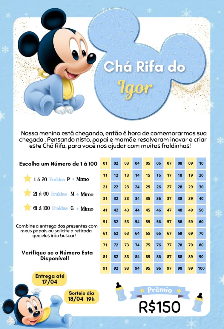 Convite Mickey Baby Azul – tema Chá Rifa azul claro, ilustrações infantis, divertido, colorido, temática Mickey, pijama