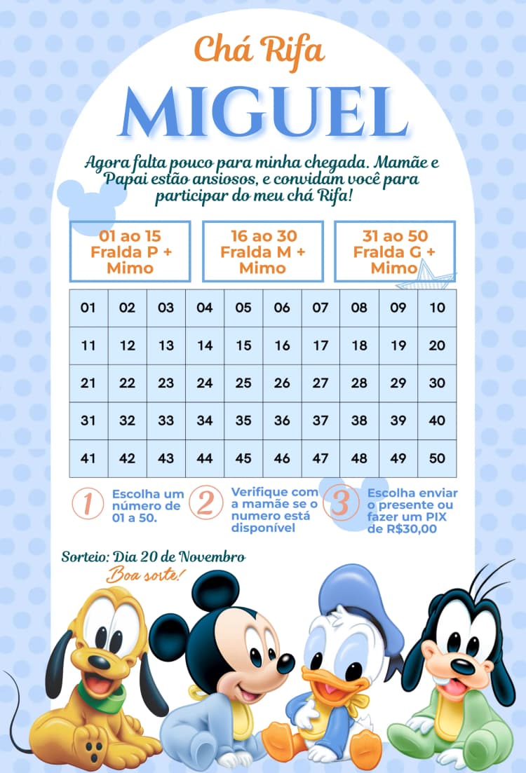 Convite Mickey Donald Pateta Bebe – tema Chá Rifa azul, Disney, infantil, divertido, lúdico