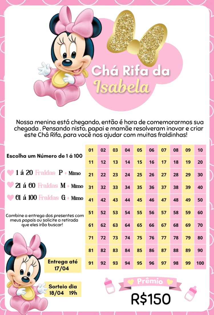 Convite Minnie Pijama Rosa – tema Chá Rifa rosa, lúdico, infantil, feminino, divertido, moderno