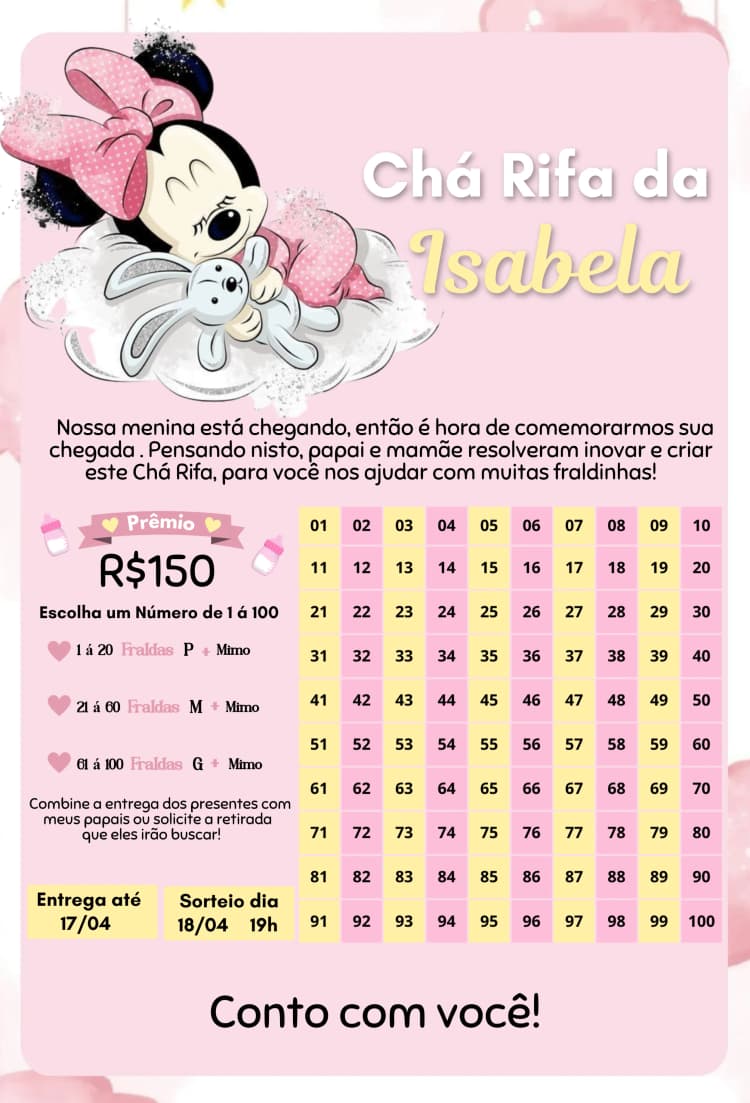 Convite Minnie Soneca – tema Chá Rifa rosa, lúdico, infantil, divertido, tema Minnie, pijamas