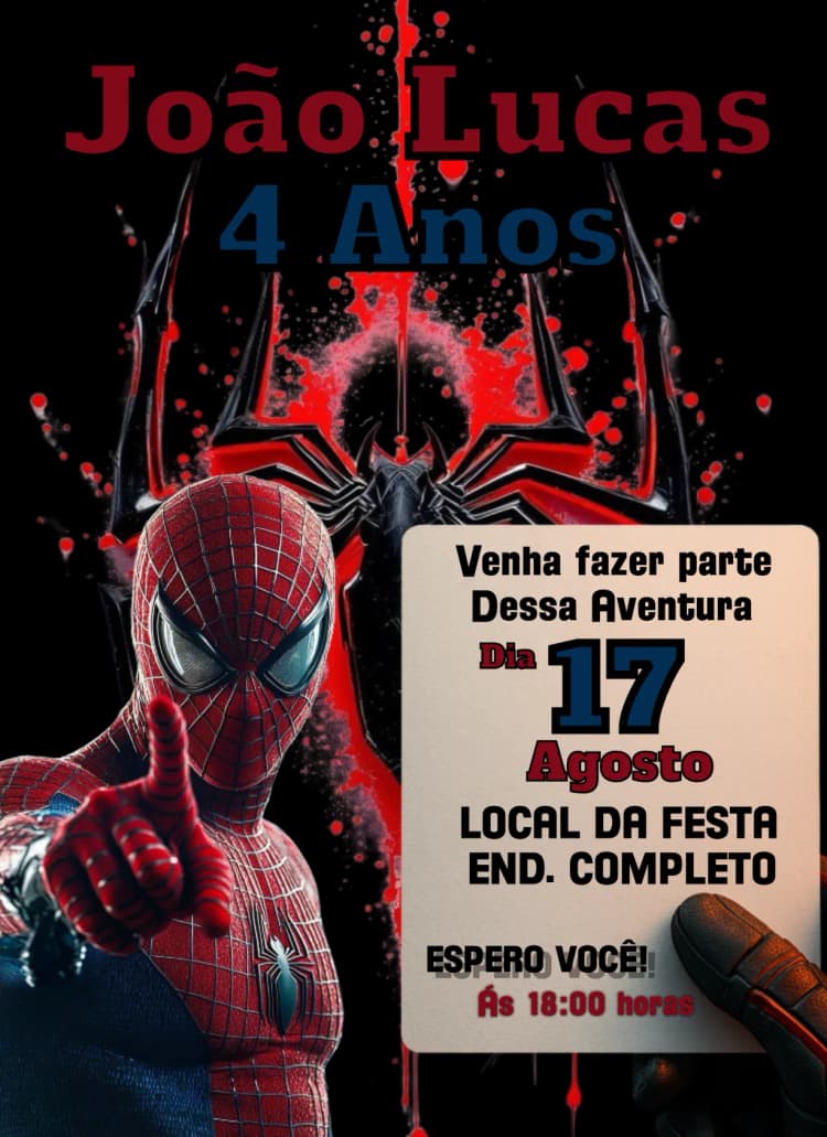 Convite O Homem Aranha  – tema Aniversário cores vibrantes, estilo cartoon, elementos de ação, design moderno, temática de super-heróis, ilustrações dinâmicas