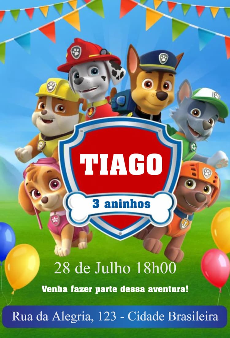 Convite Patrulha Canina 2 – tema Aniversário Infantil colorido, divertido, temático, infantil, aventura