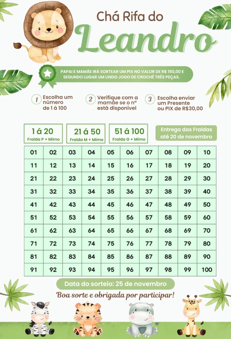 Convite Safari Animais Leão – tema Chá Rifa safari, natureza, colorido, divertido, infantil, ilustrações