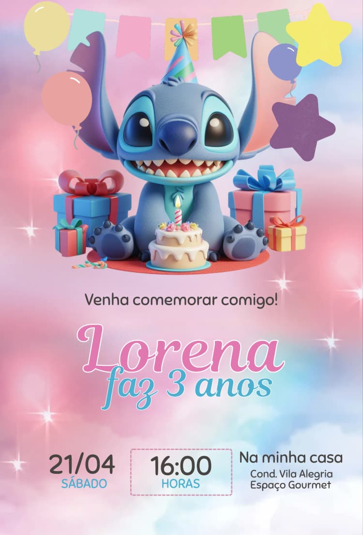Convite Stitch Aniversariante – tema Aniversário Infantil colorido, divertido, temático, infantil, rosa, estrelas