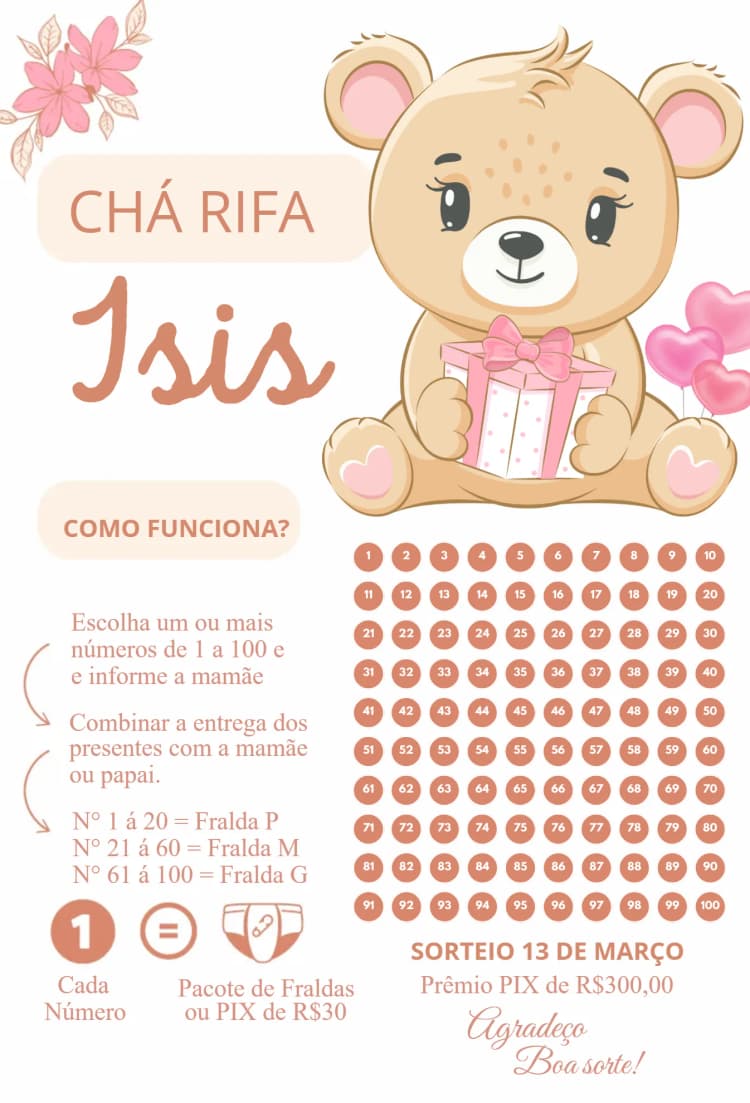 Convite Ursinha Marrom – tema Chá Rifa marrom, delicado, infantil, fofo, ilustração de urso