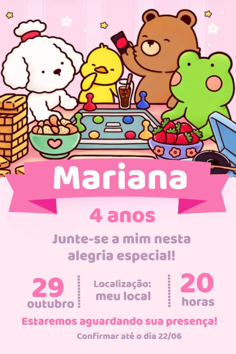 Convite Bobbie Goods Animais – tema Aniversário Infantil colorido, divertido, infantil, animal, ilustrações, lúdico