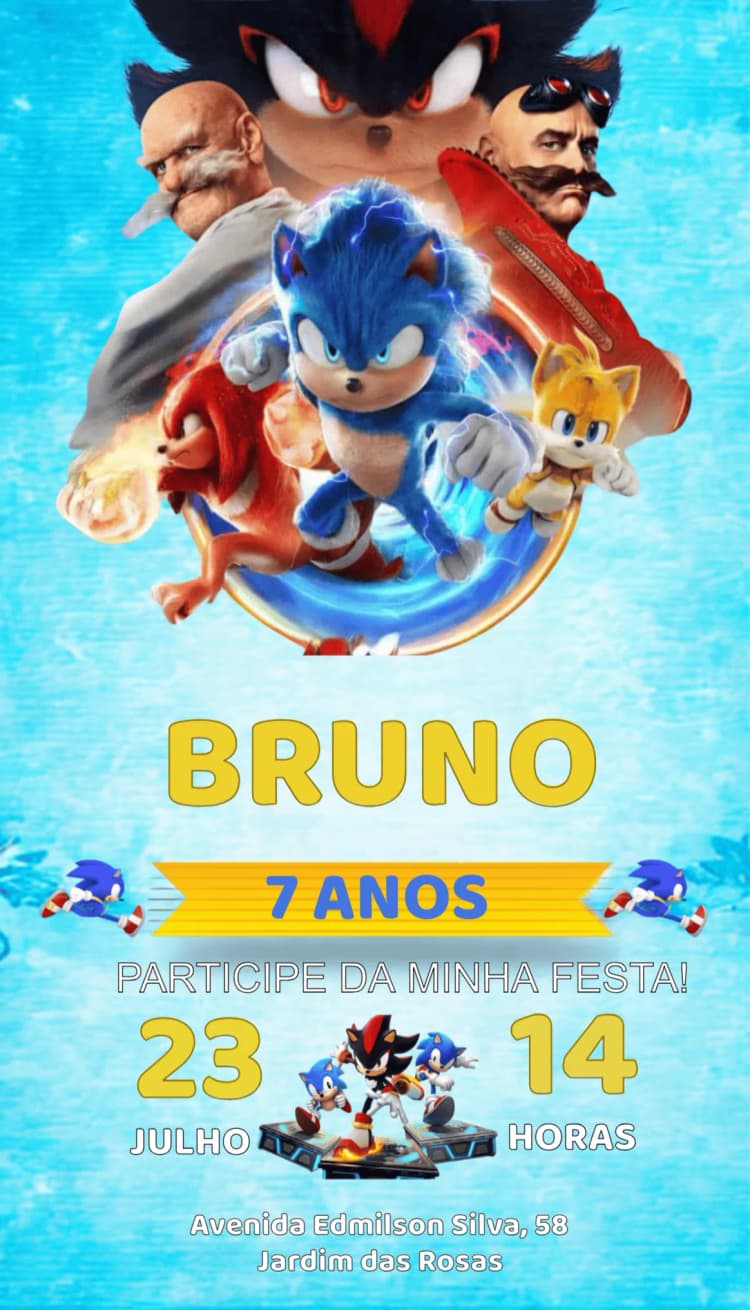 Convite Sonic Knukes – tema Mais pesquisados azul, temático, divertido, jovial, ilustrações de personagens