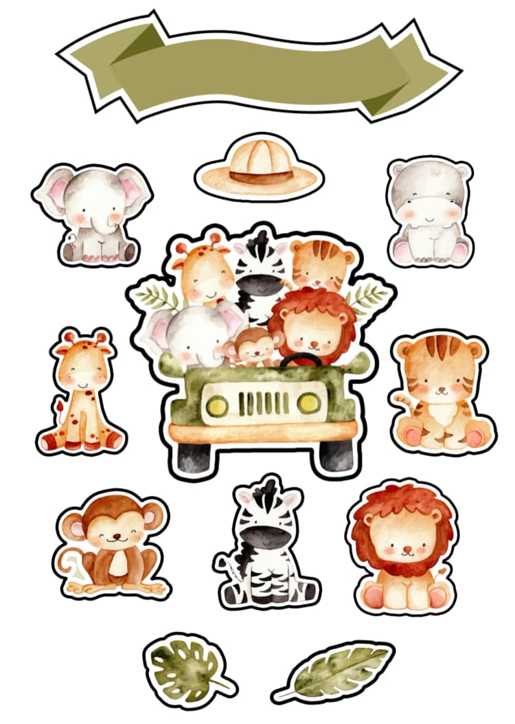 Convite Topo De Bolo Safari Colorido – tema Topo de bolo colorido, safari, tropical, divertido, infantil, animais