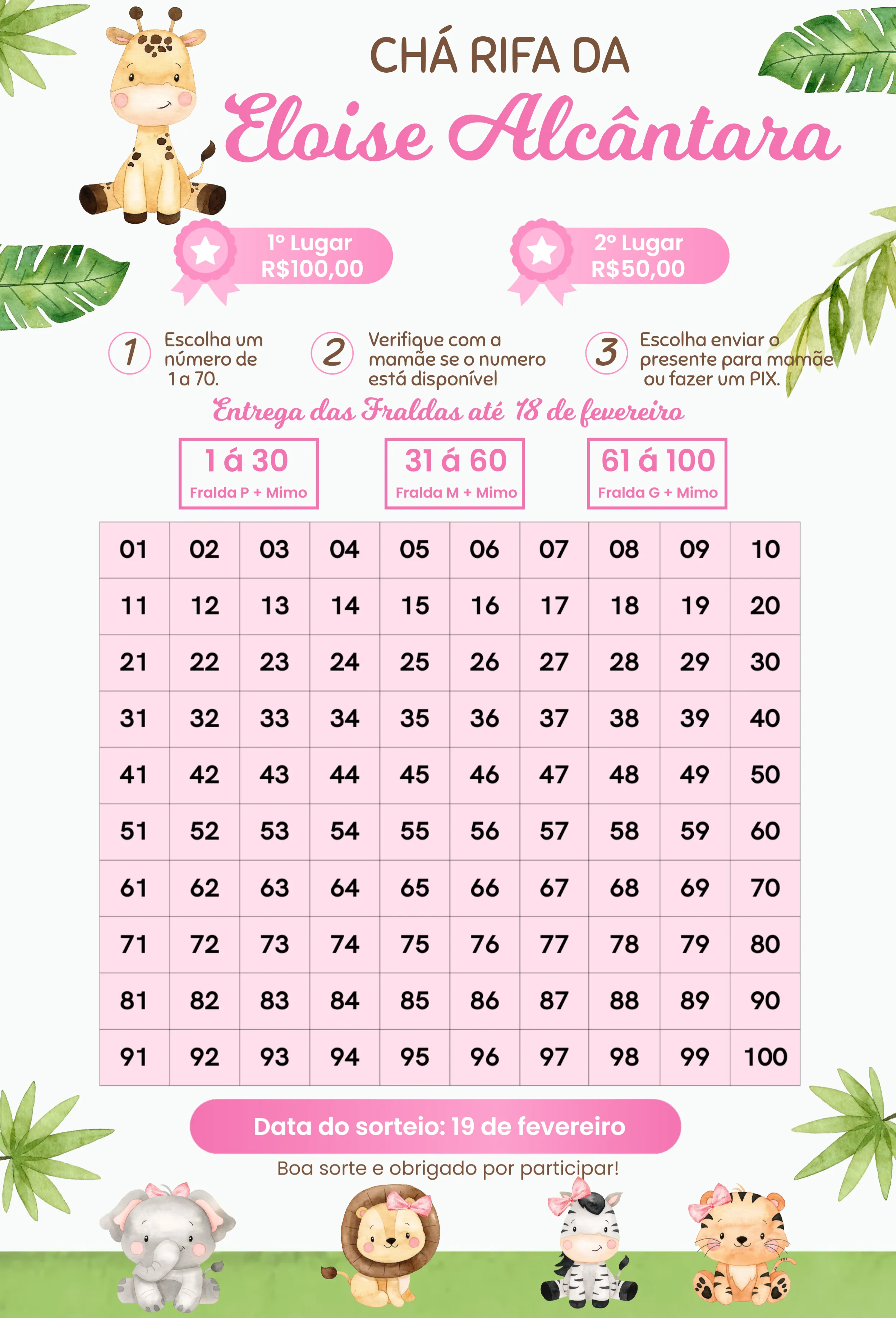 Convite Girafa Safari Rosa editável e personalizável