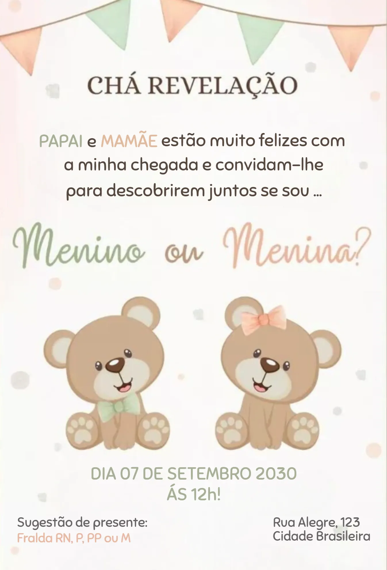 Convite Menino ou menina ursinhos editável e personalizável