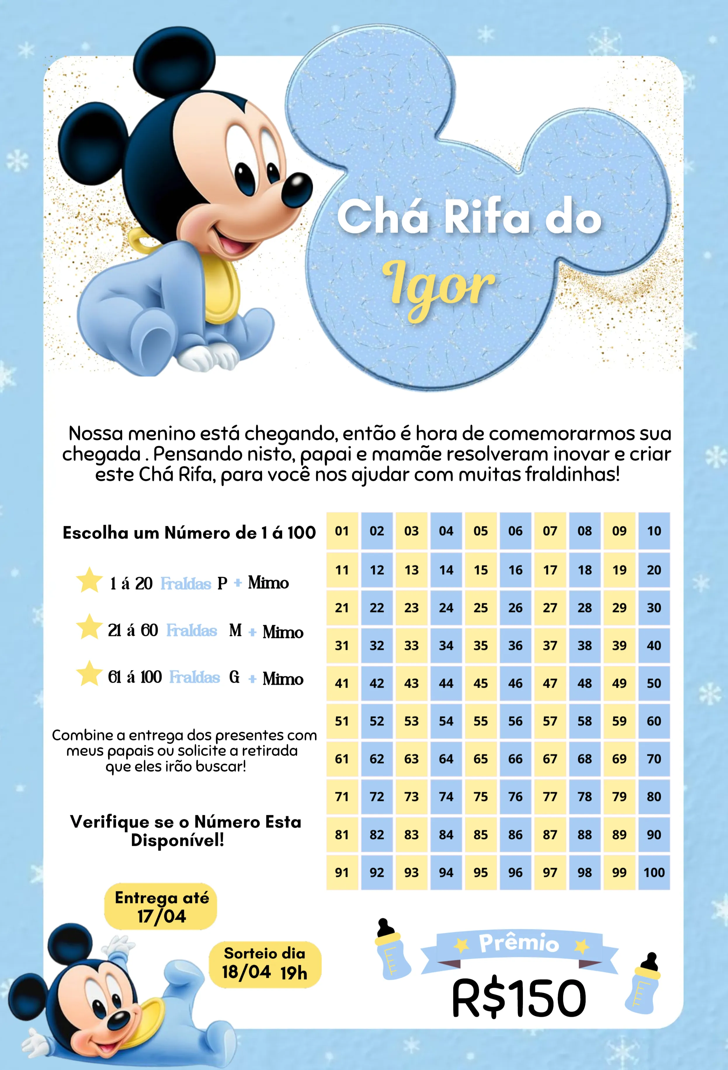 Convite Mickey Baby Azul editável e personalizável