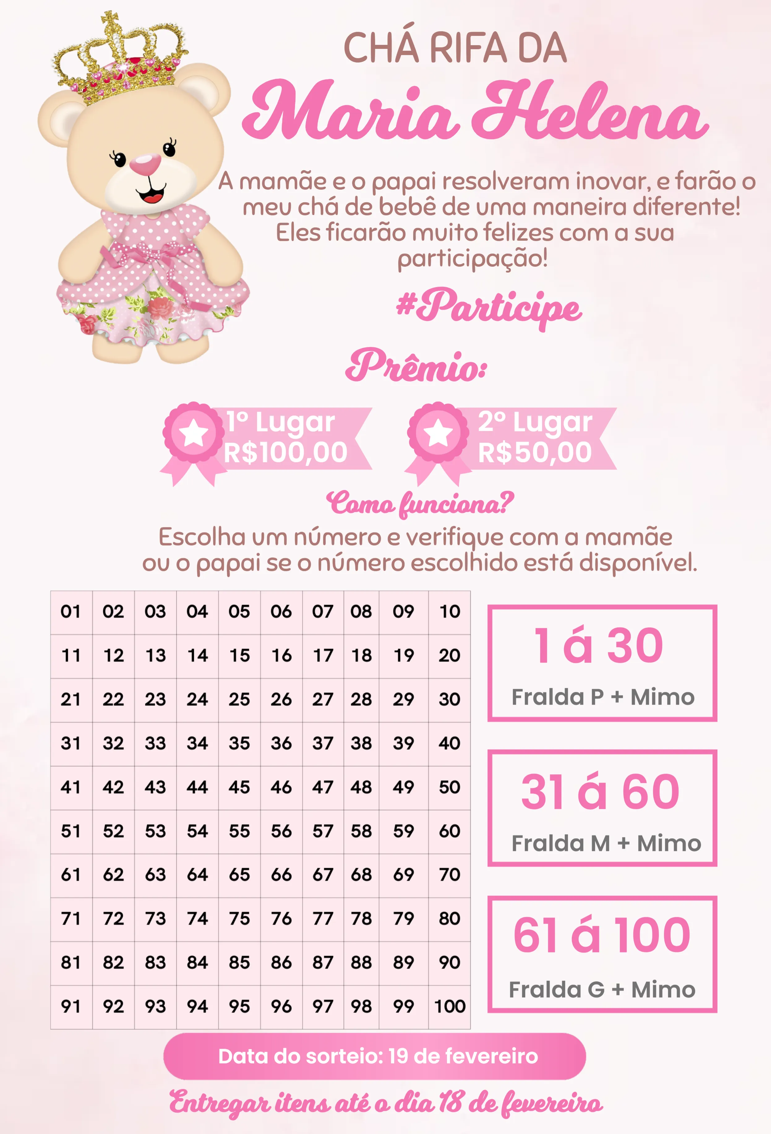 Convite Rosa realeza editável e personalizável
