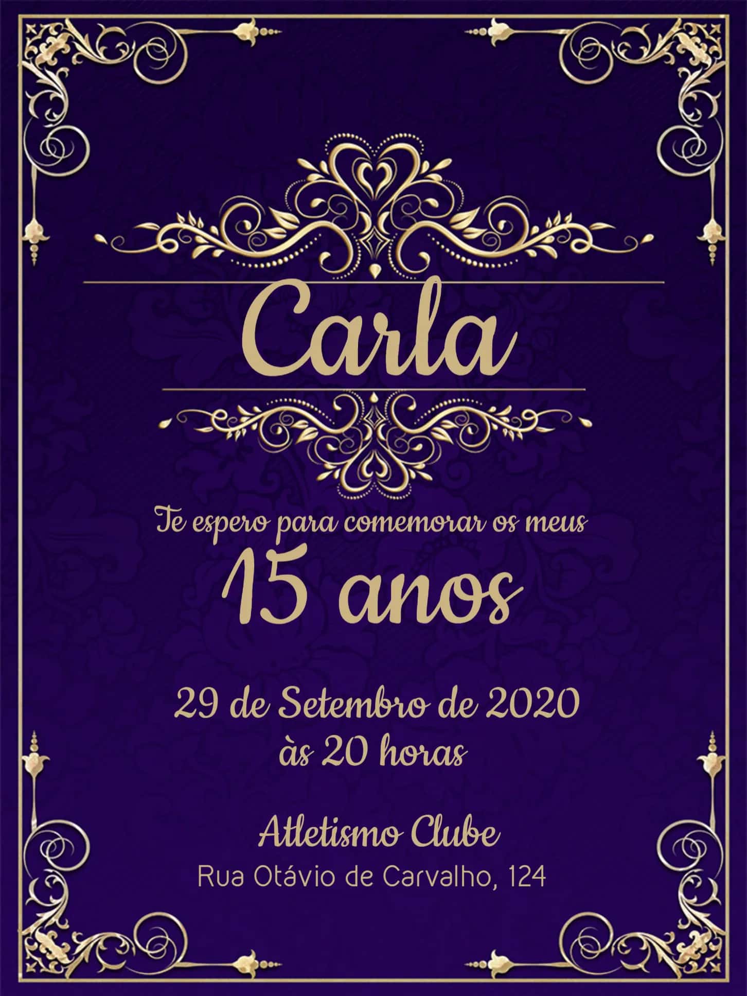 Convite 15 Anos - Azul Com Arabescos Dourados Festa editável e personalizável