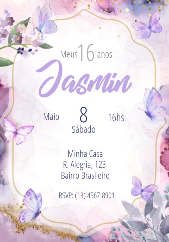 Convite 15 Anos Borboletas Debutante editável e personalizável