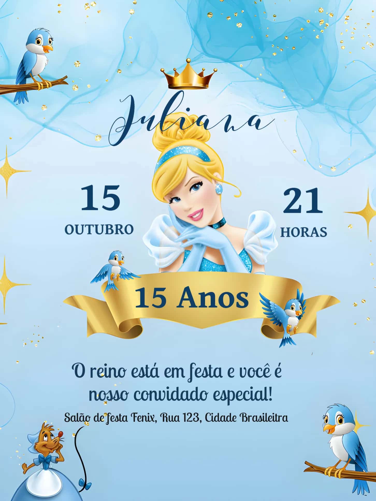 Convite 15 Anos Cinderela Amarelo editável e personalizável