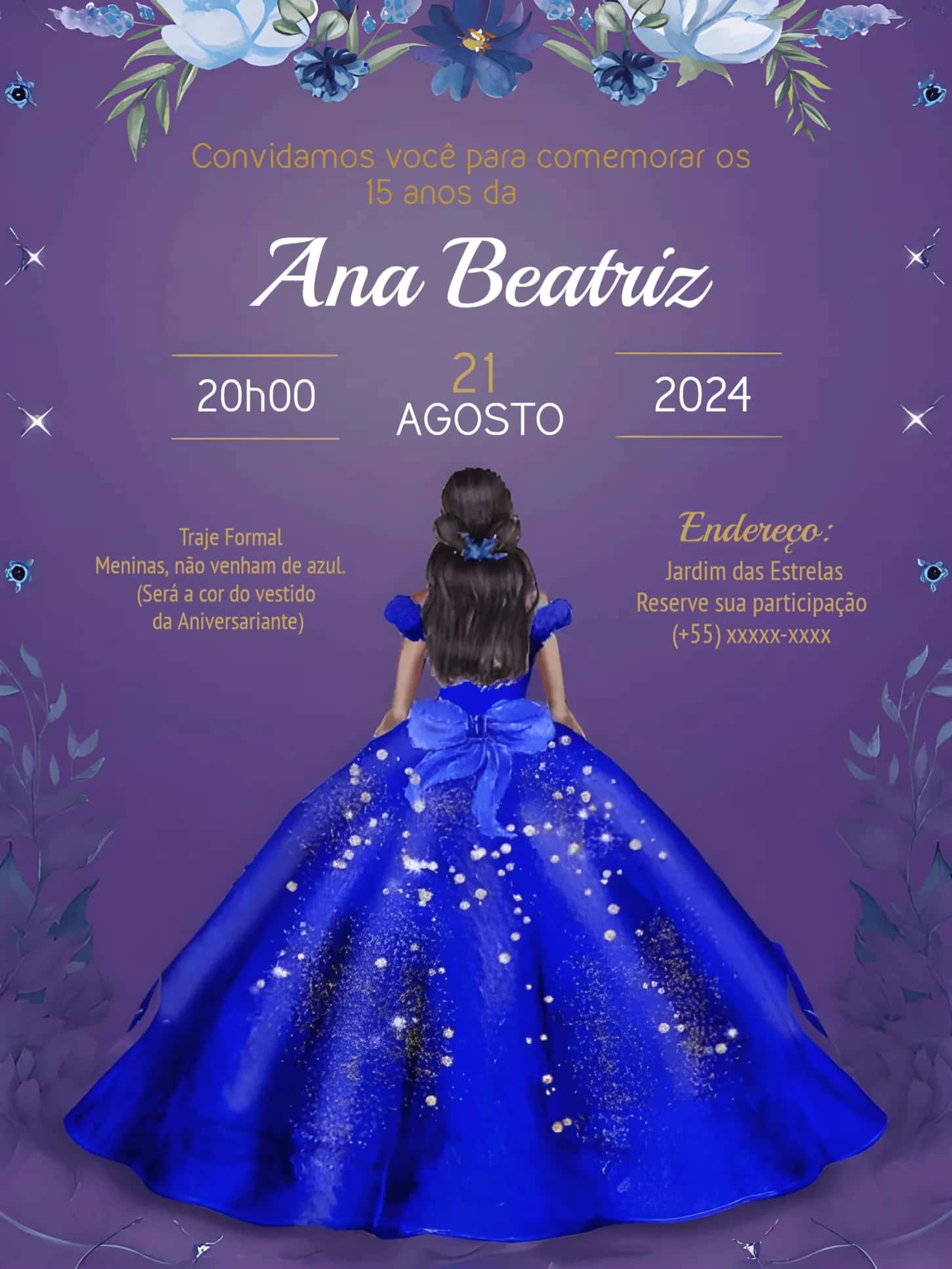 Convite 15 Anos Floral Debutante editável e personalizável