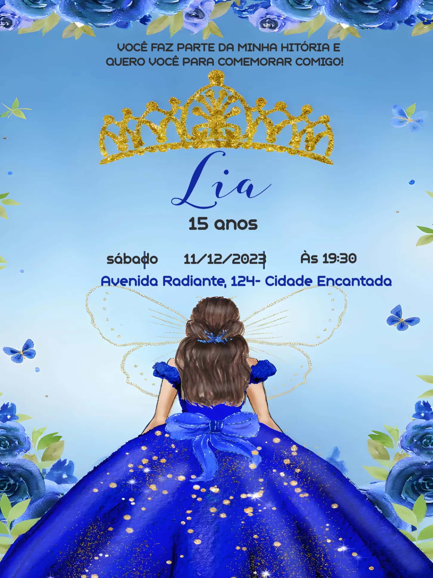Convite 15 Anos Princesa Glitter Borboleta editável e personalizável