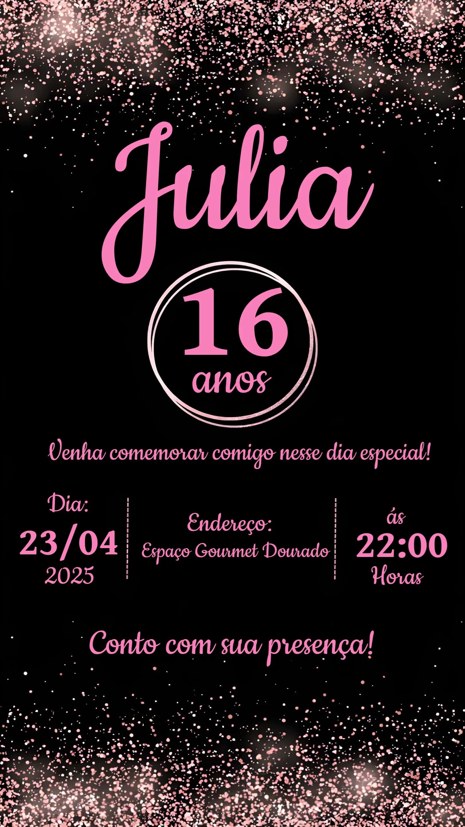 Convite 15 Anos Rosê Gold Preto editável e personalizável