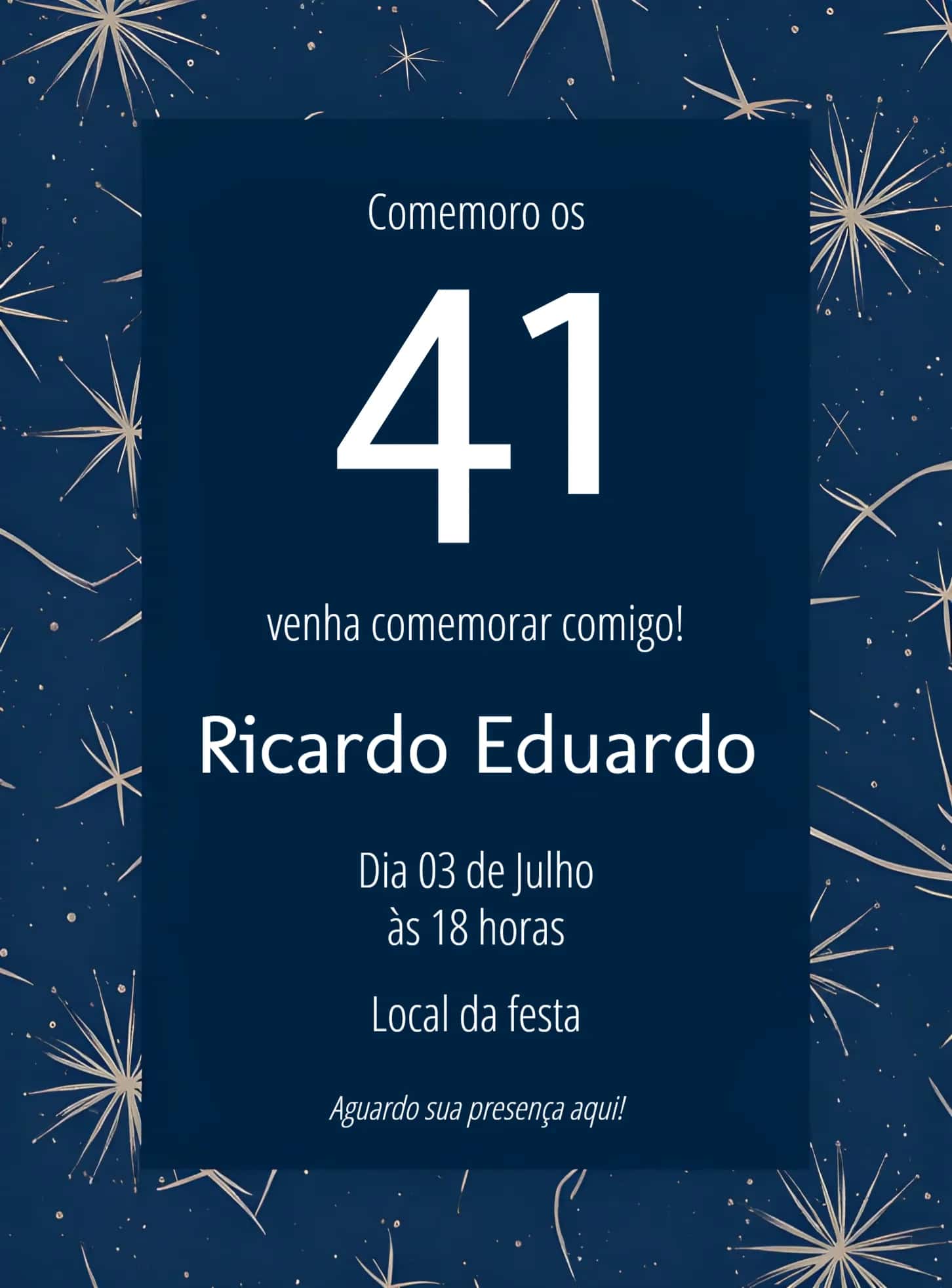 Convite 40 Anos Homem Azul Marinho Adulto editável e personalizável