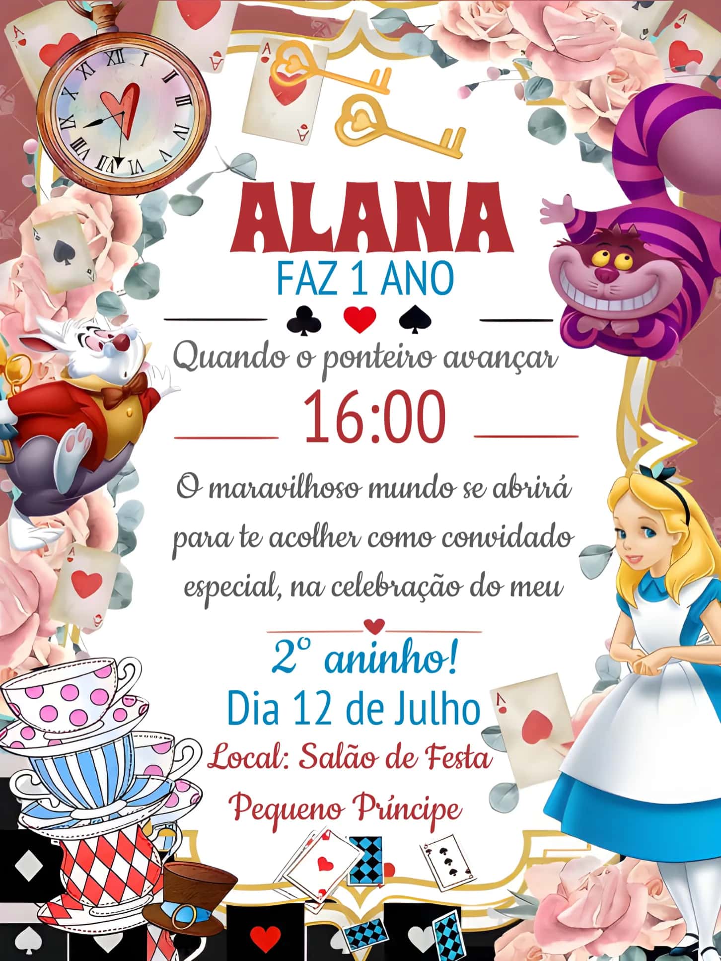 Convite Alice No País Das Maravilhas Menina editável e personalizável