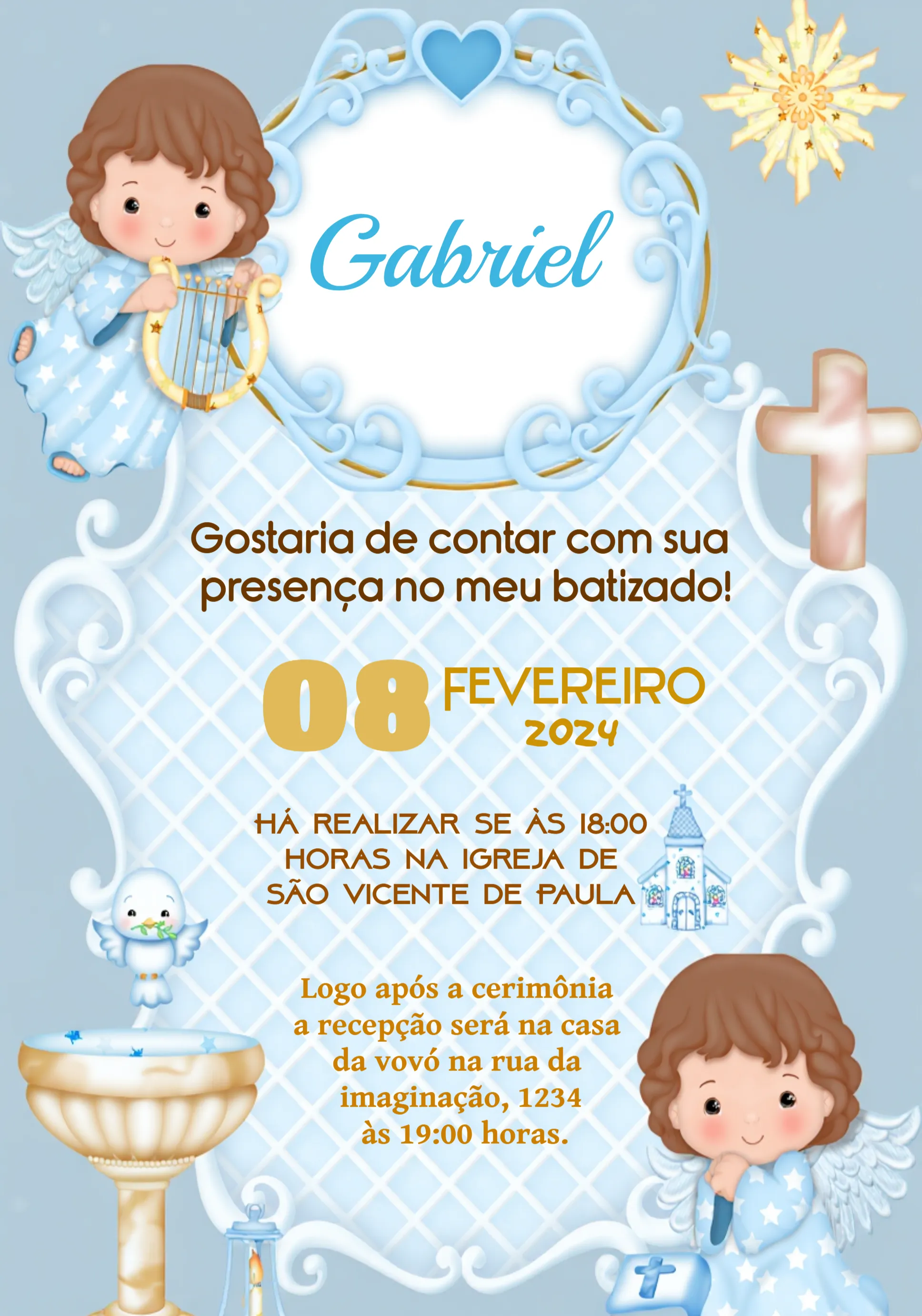 Convite Batizado Anjinho Harpa editável e personalizável