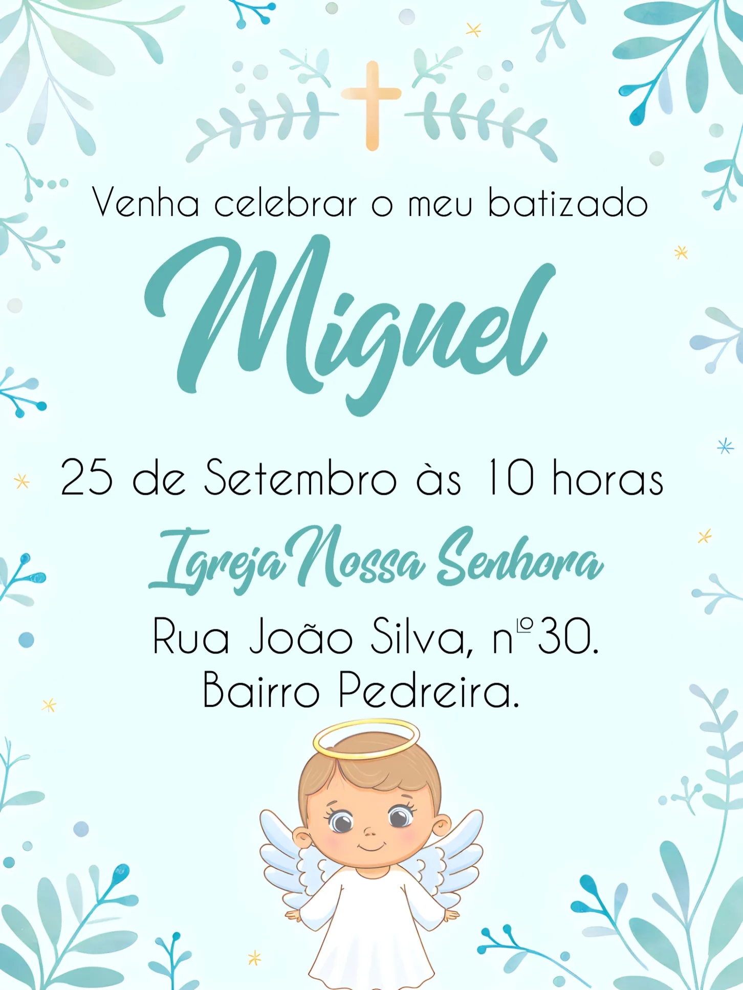 Convite Batizado Branco editável e personalizável