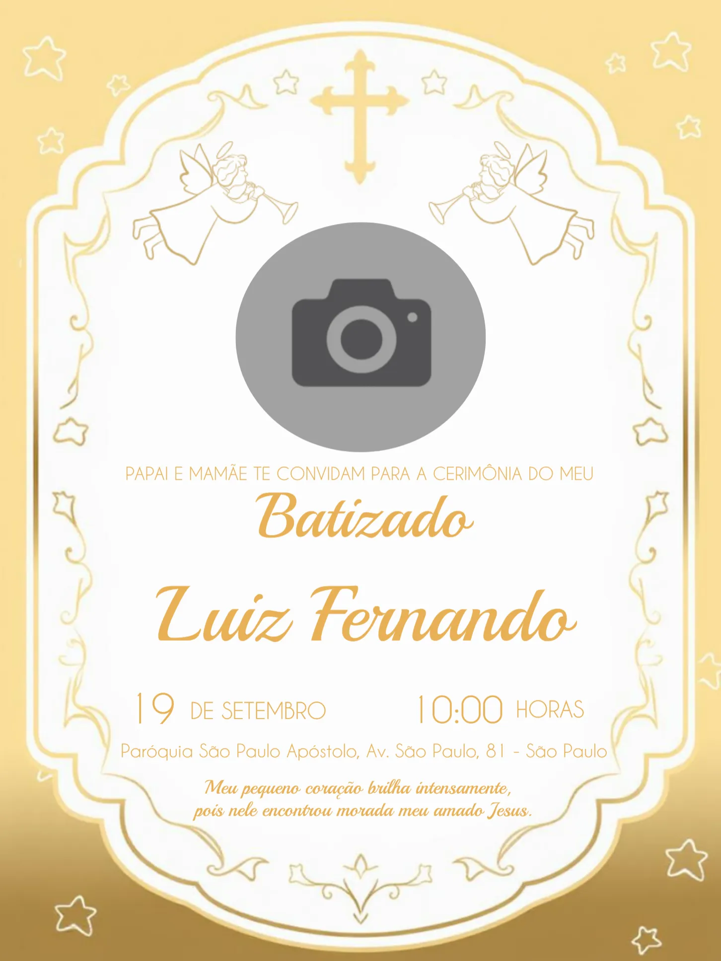 Convite Batizado Com Foto Cruz editável e personalizável
