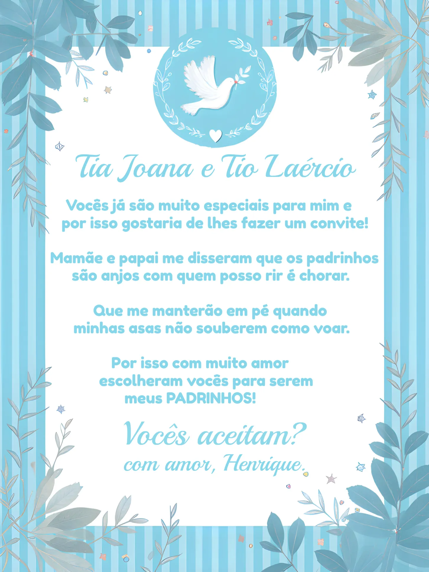 Convite Batizado Padrinhos Anjinho Religião editável e personalizável