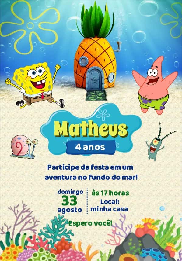 Convite Bob Esponja Mar editável e personalizável
