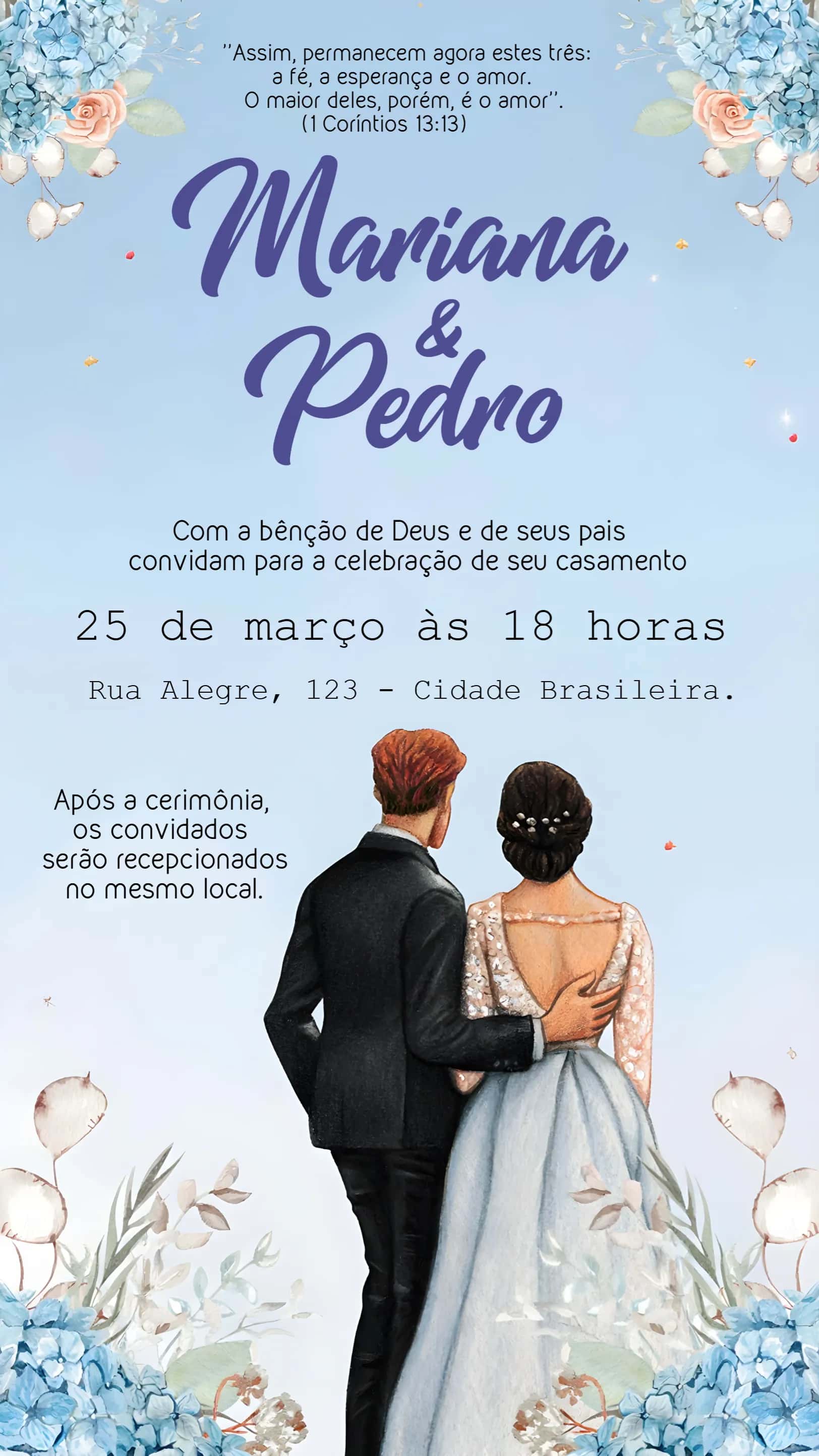 Convite Casamento Aquarela Casal Floral editável e personalizável