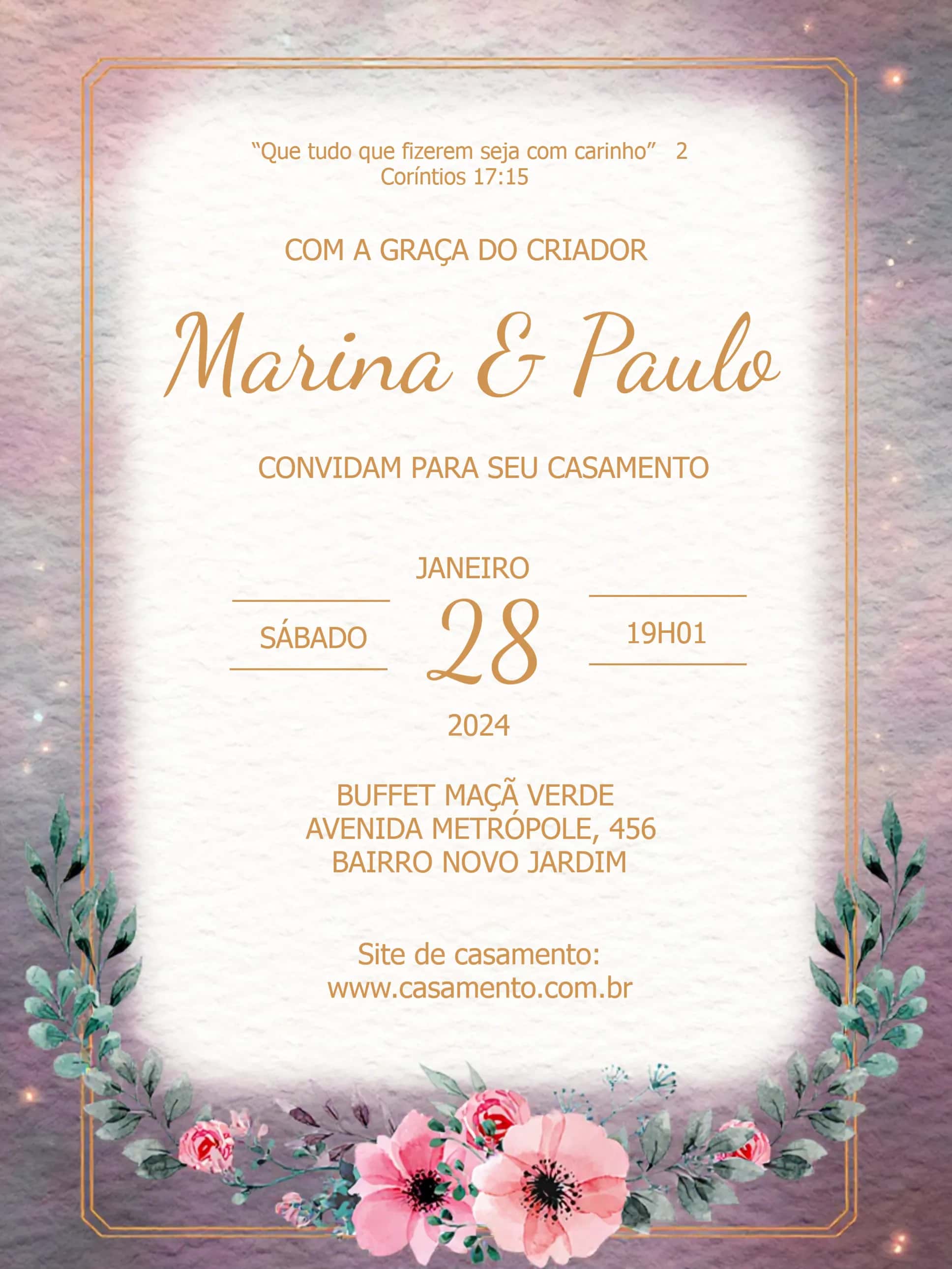 Convite Casamento Floral Dourado editável e personalizável