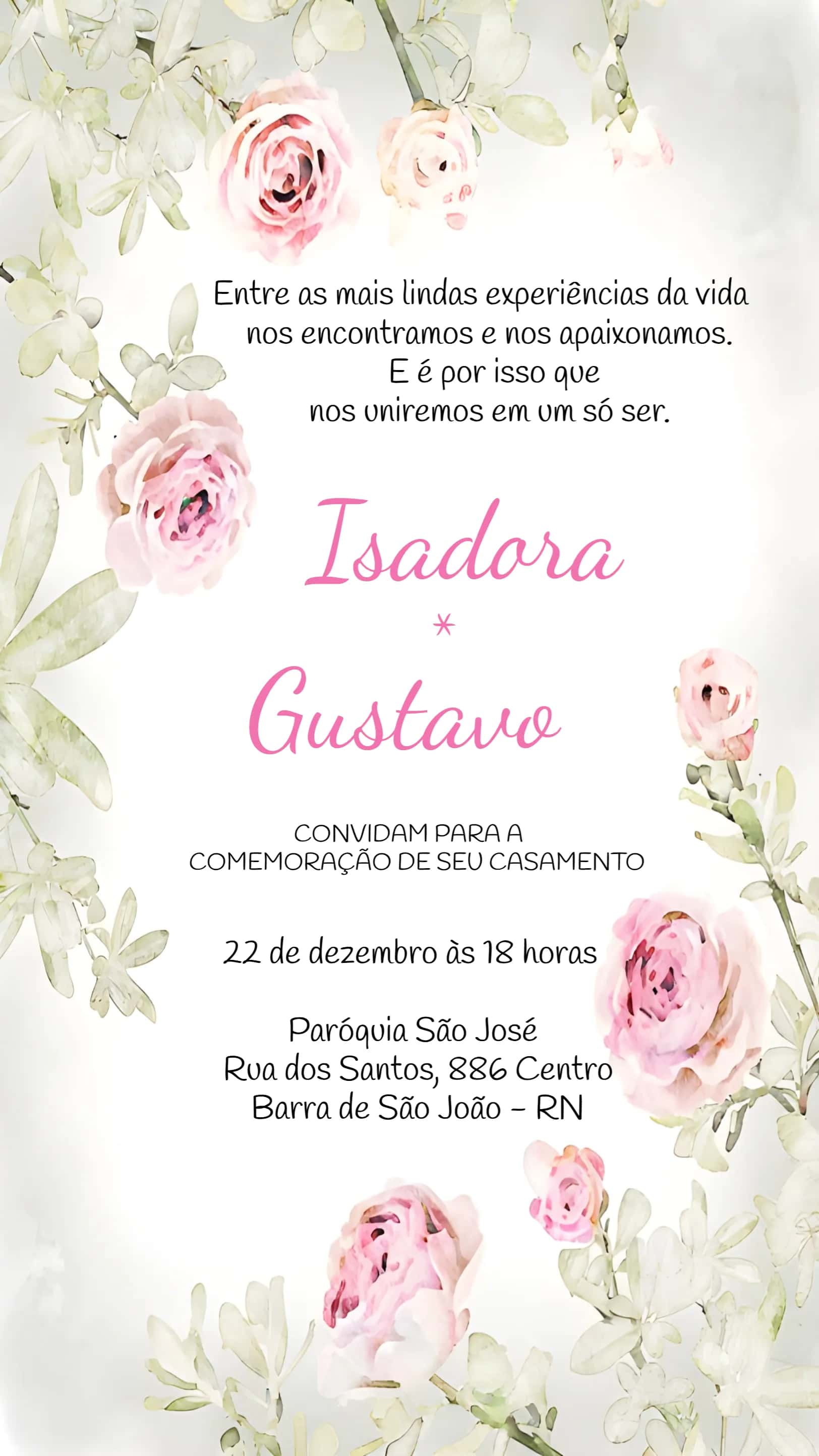 Convite Casamento Floral Rosa editável e personalizável