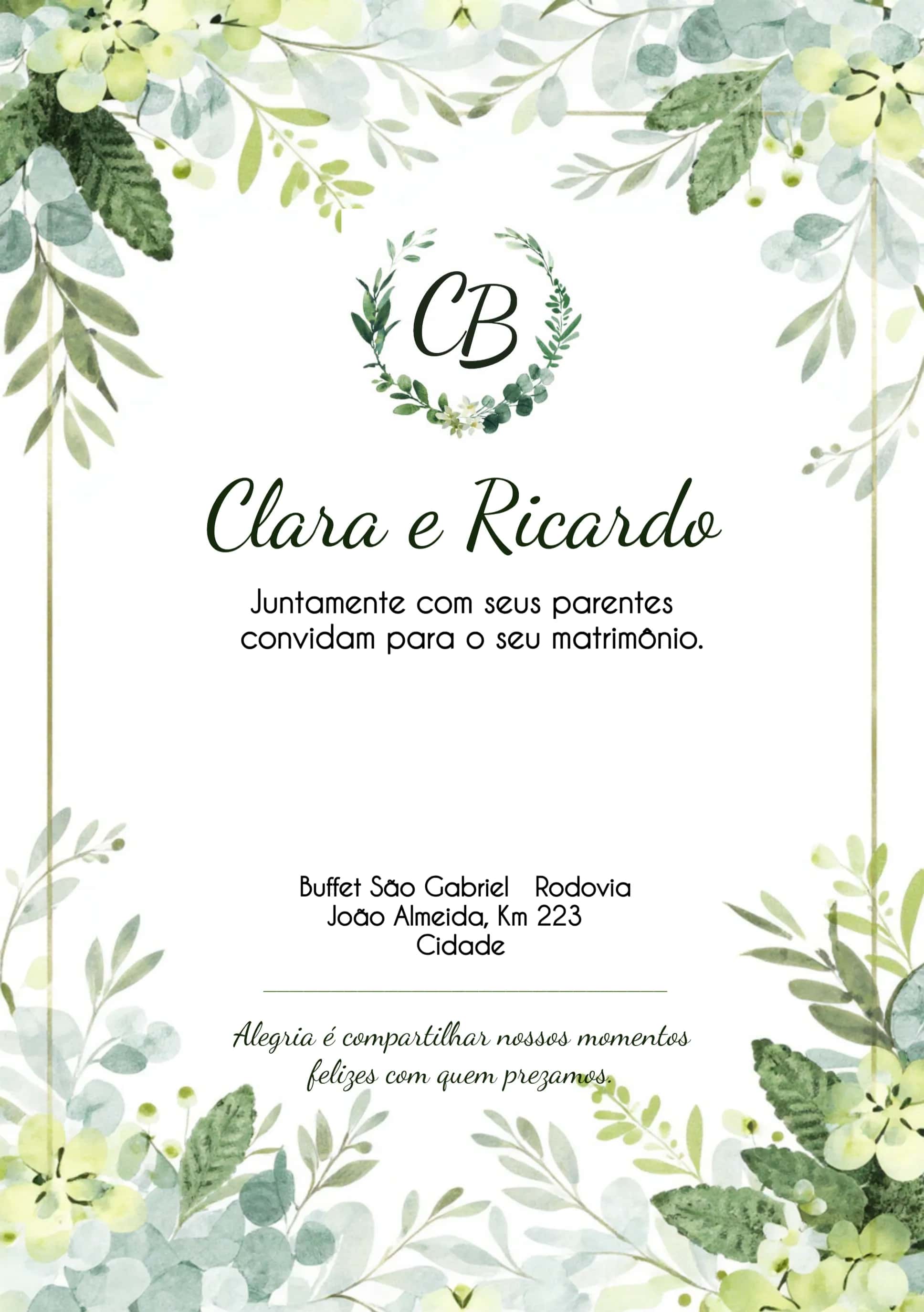 Convite Casamento Folhas Folhagem editável e personalizável