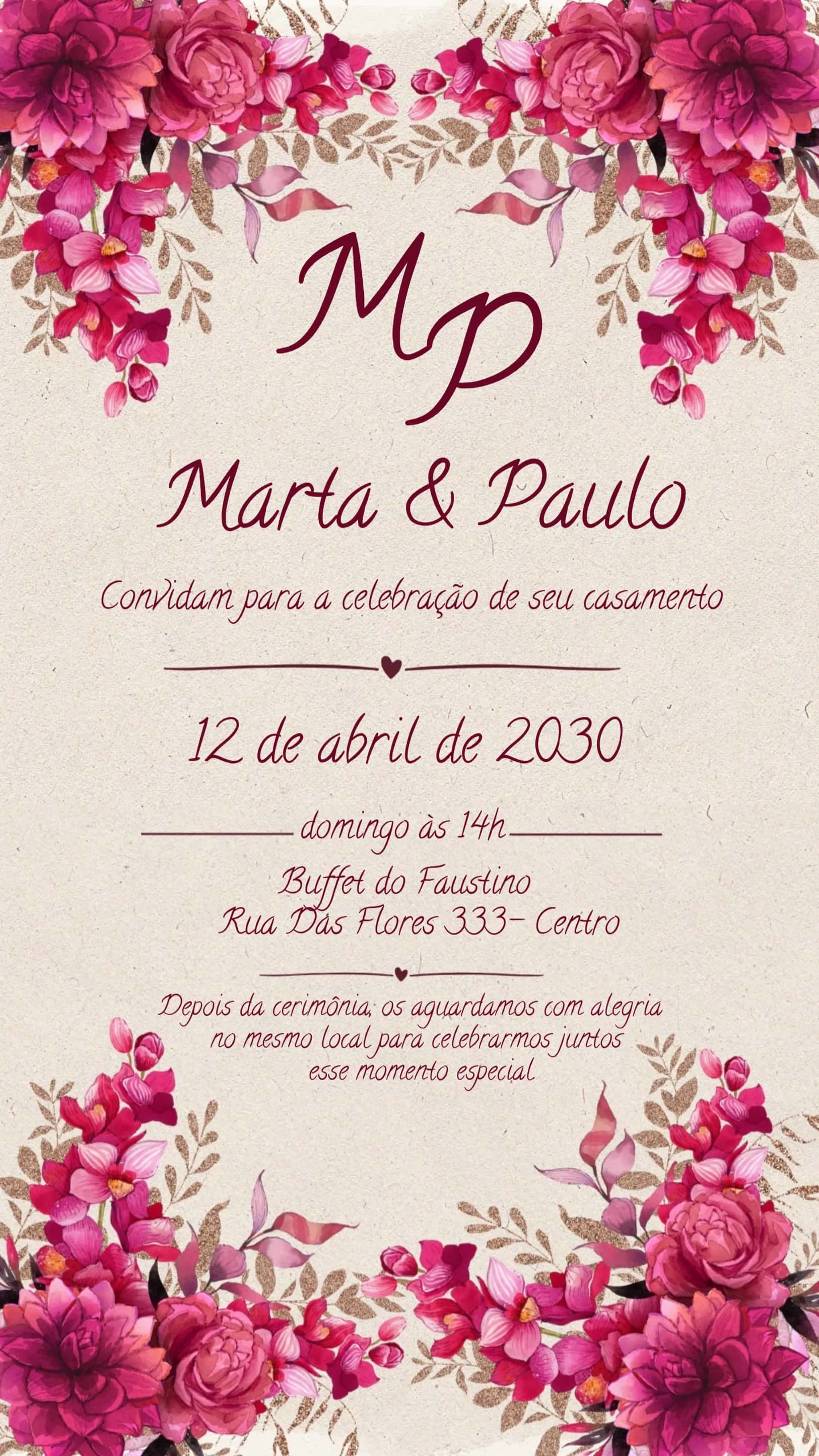 Convite Casamento Marsala Floral editável e personalizável