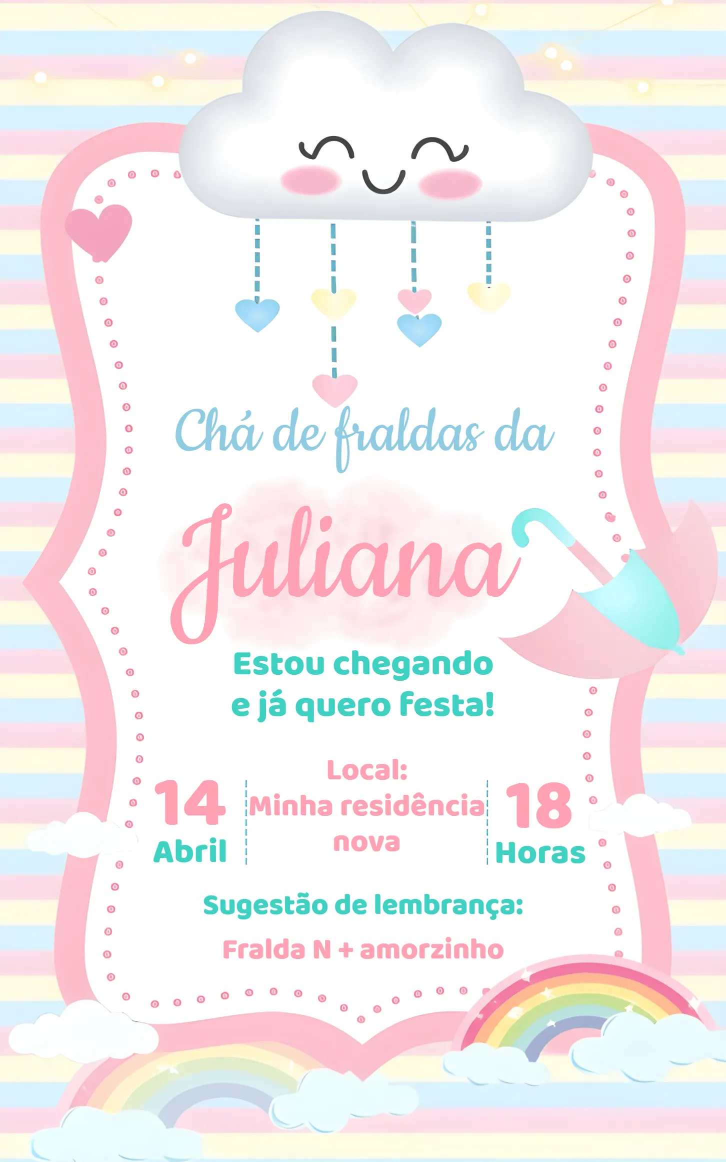 Convite Chá De Bebê - Fraldas Chuva Amor Rosa Arco editável e personalizável
