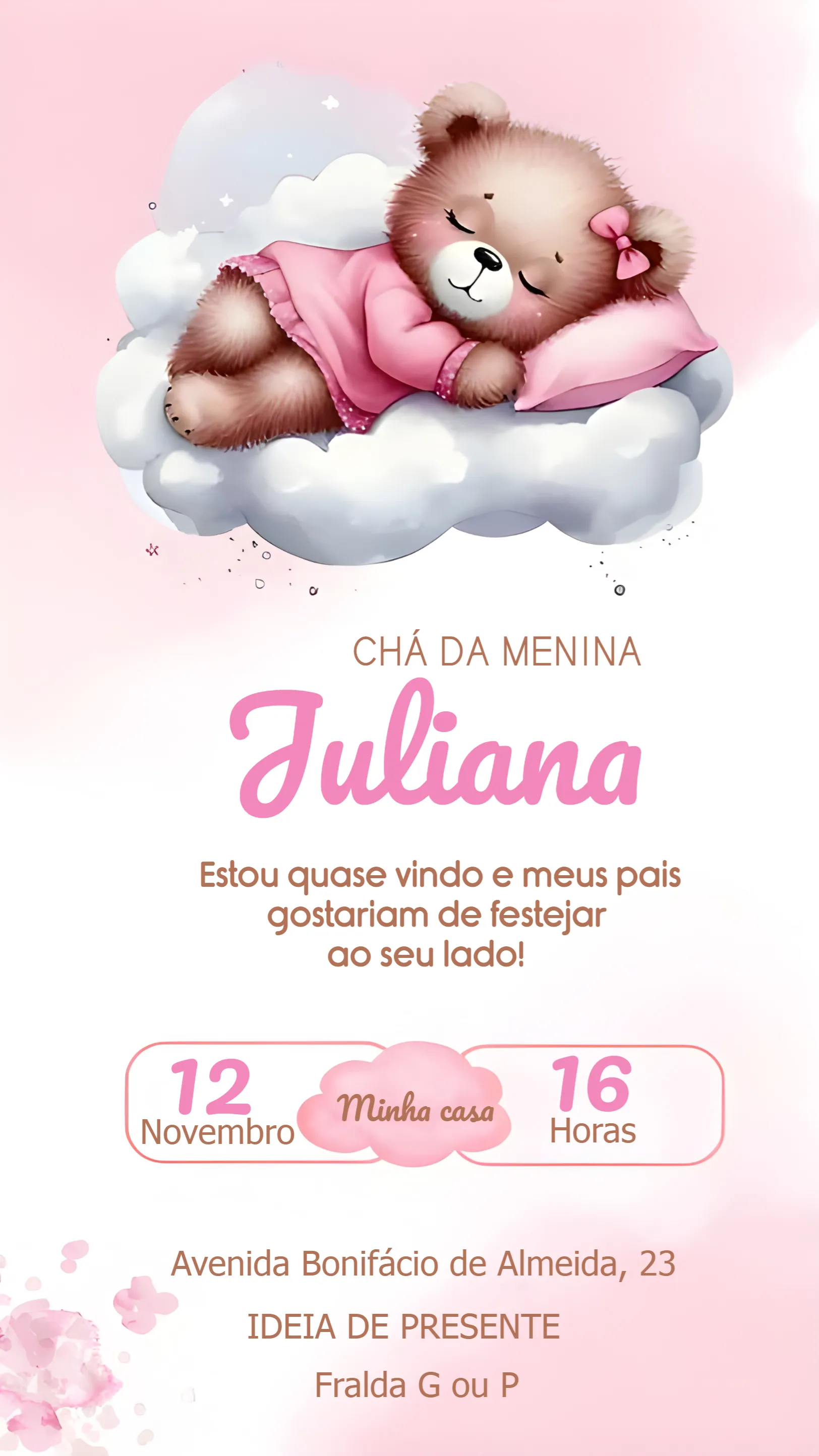 Convite Chá De Bebê Ursinha Céu editável e personalizável