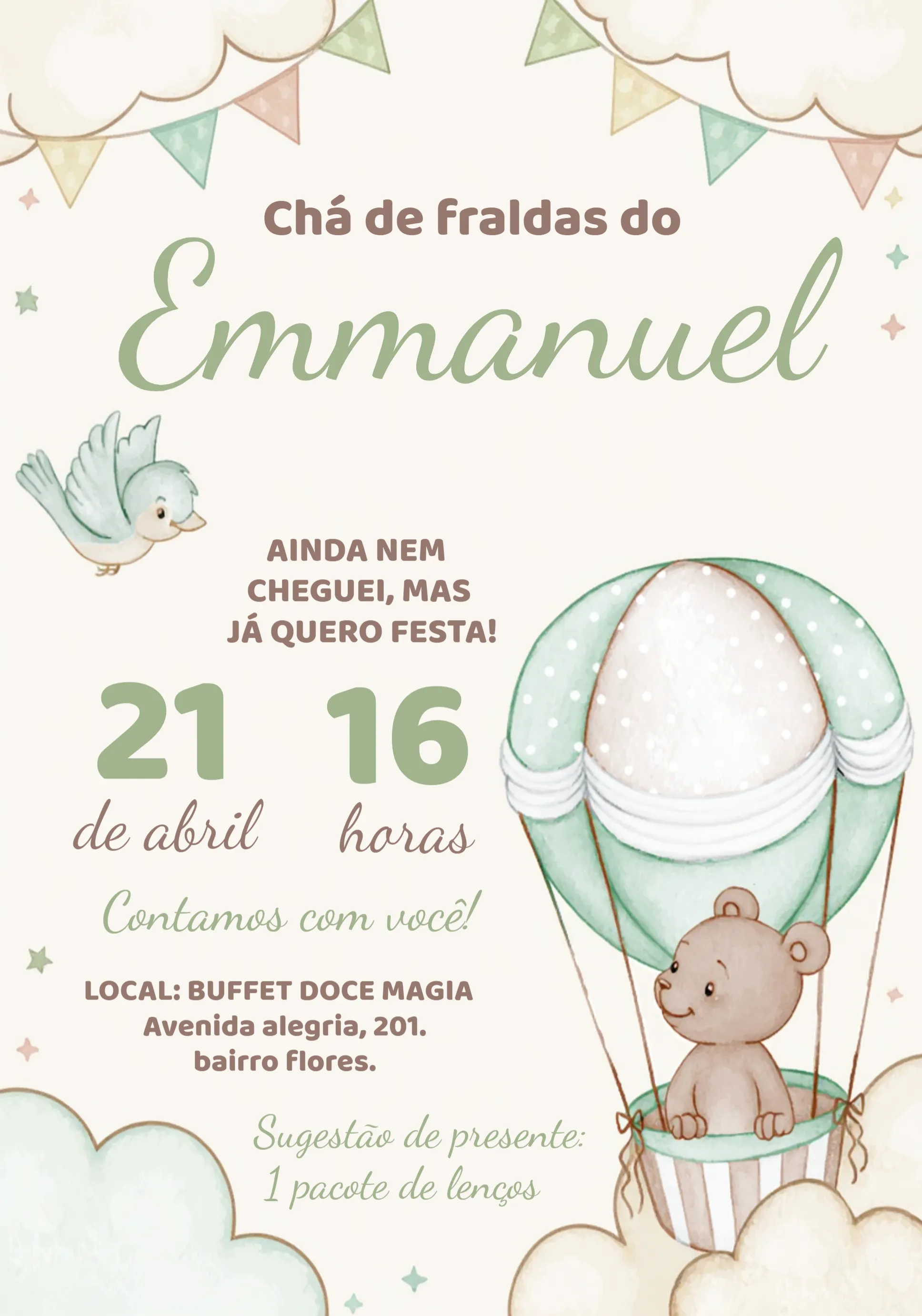 Convite Chá De Bebê Ursinho Baloeiro Verde editável e personalizável