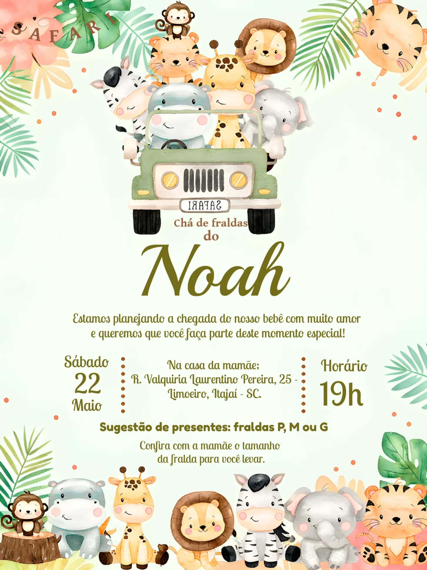 Convite Chá De Fraldas Safari - editável e personalizável