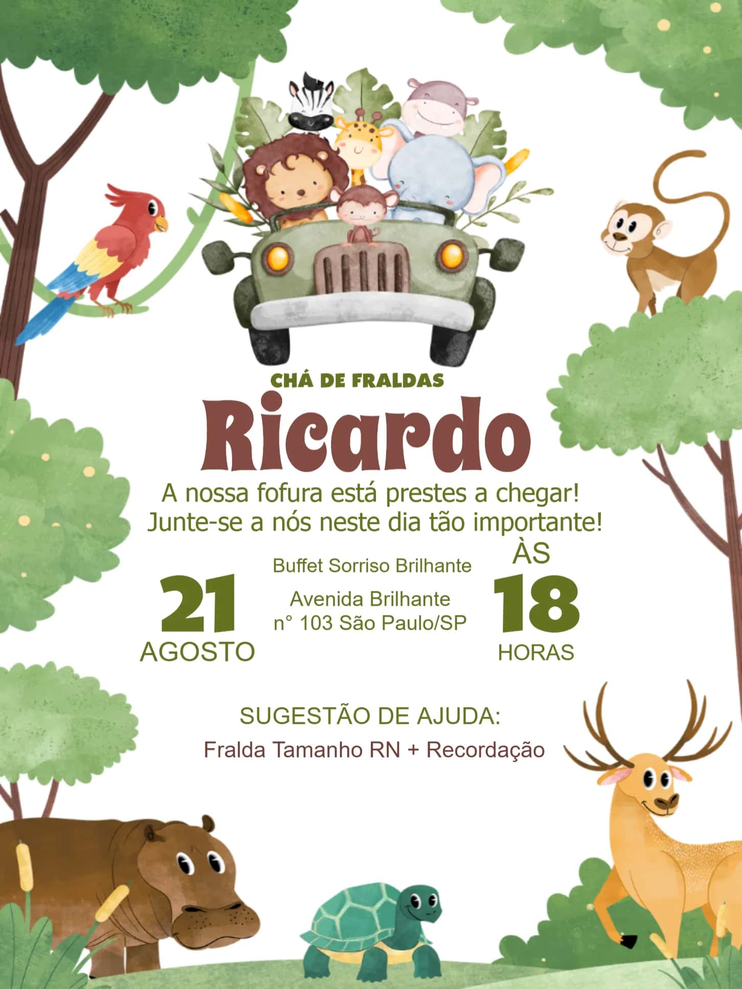 Convite Chá De Fraldas Safari Infantil editável e personalizável