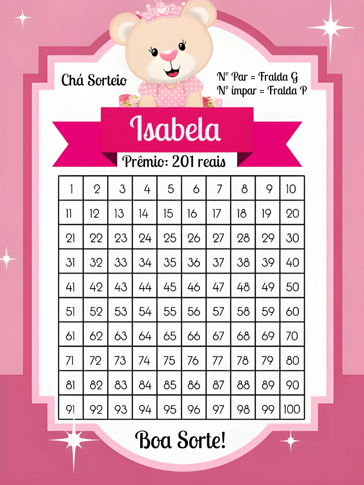 Convite Chá De Fraldas Ursinha Princesa Bebe editável e personalizável