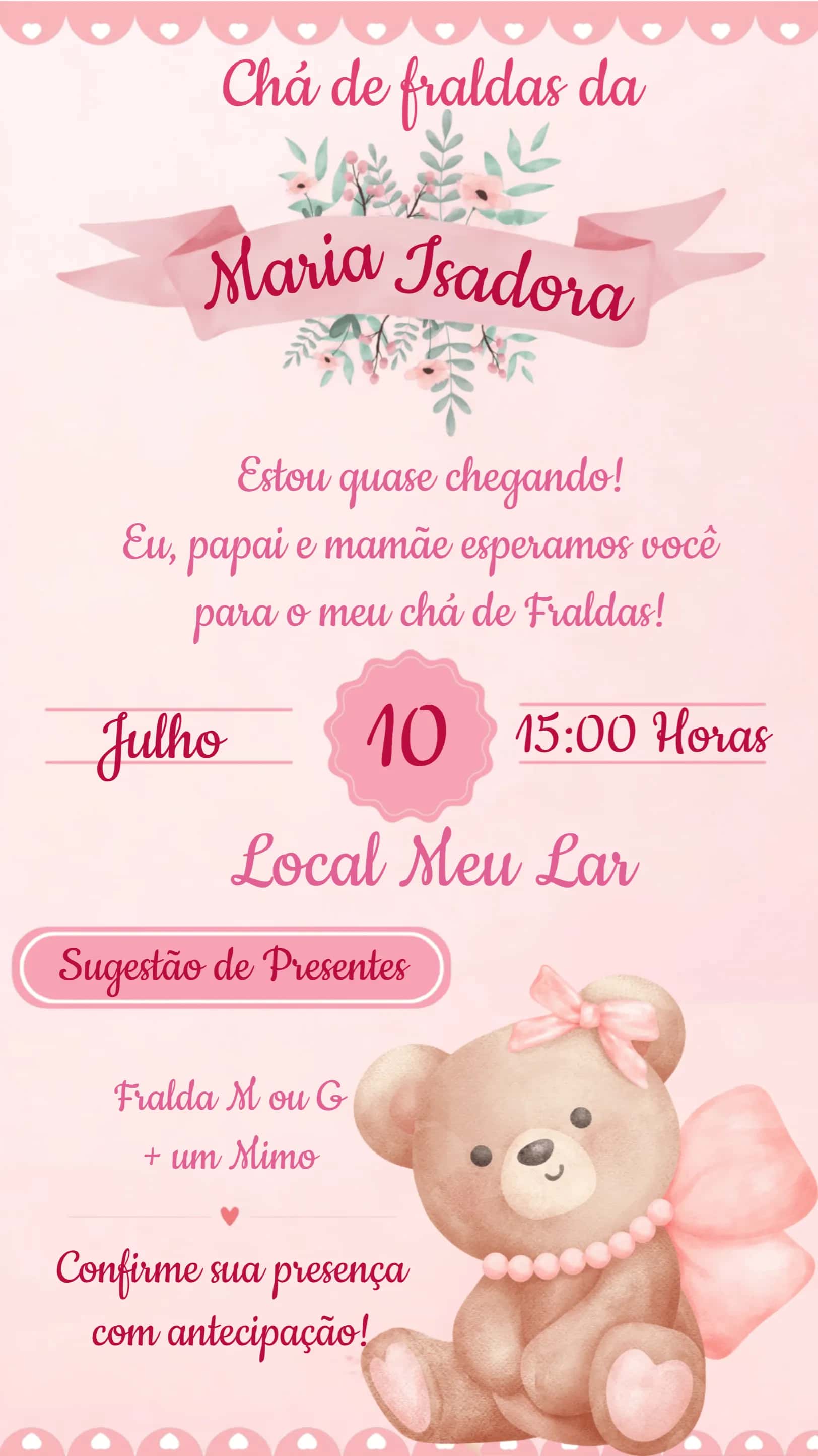 Convite Chá De Fraldas Ursinha Princesa Infantil editável e personalizável