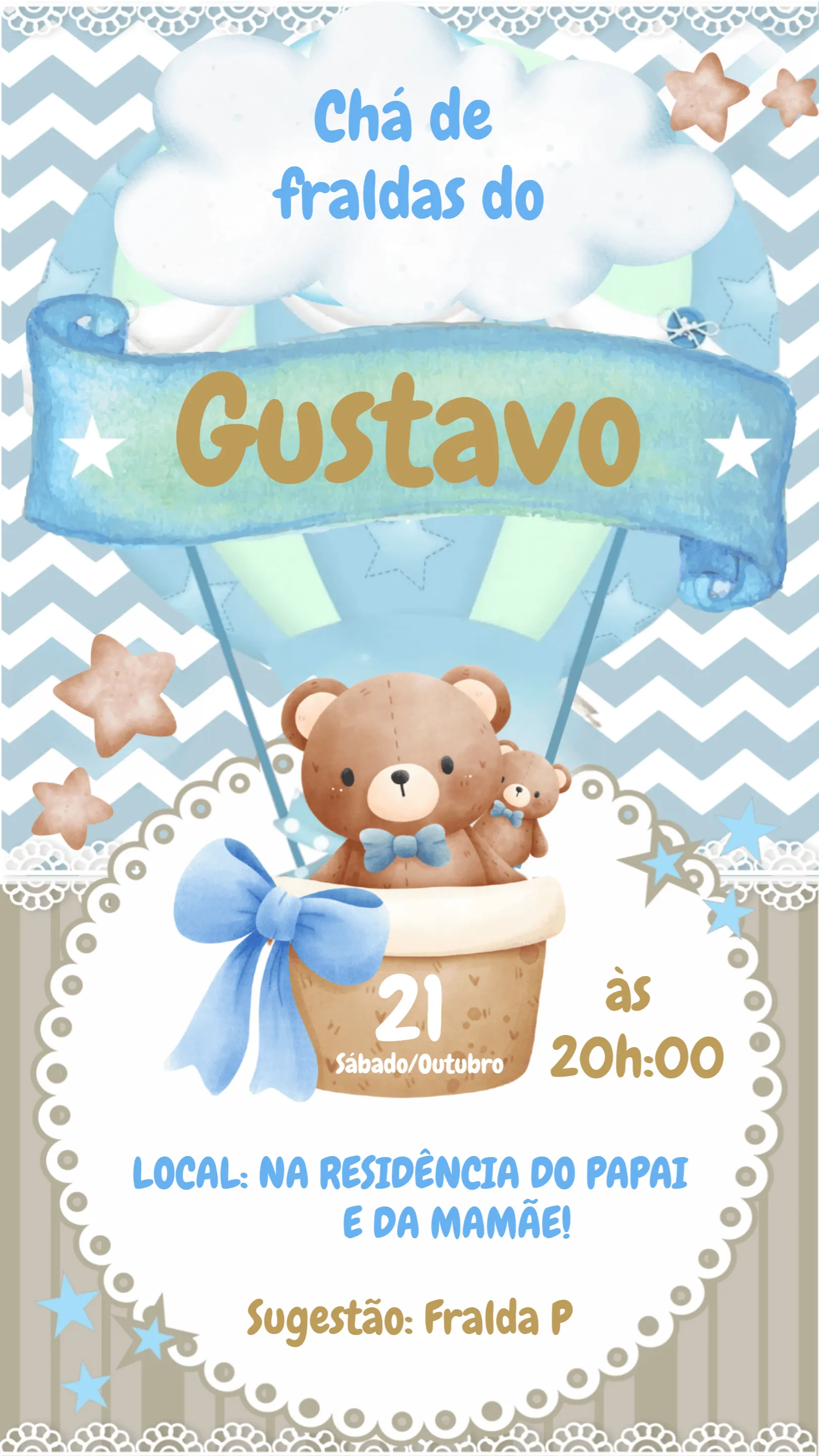 Convite Chá De Fraldas Ursinho Baloeiro Branco editável e personalizável